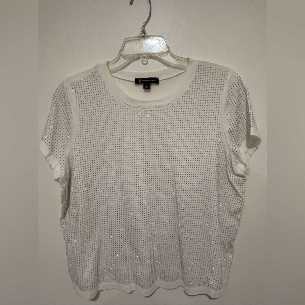 INC International Concepts White Sequin Short Sleeve Top